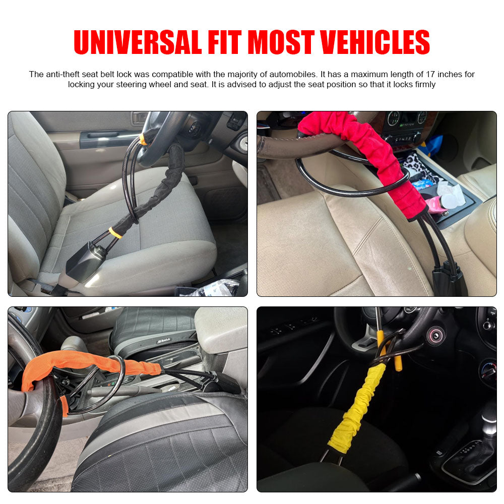 Car Steering Wheel Lock With Seat Belt Socket Steel Rope For Truck SUV Van USA