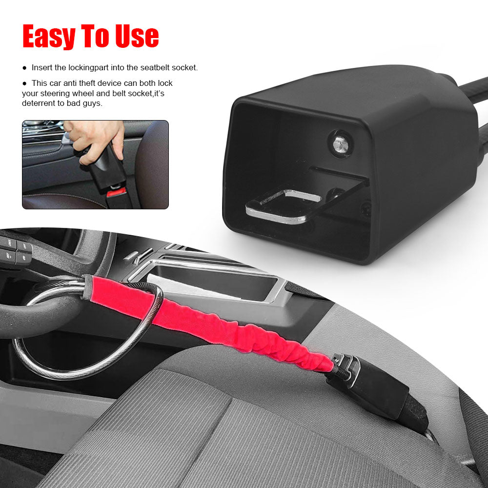 Car Steering Wheel Lock With Seat Belt Socket Steel Rope For Truck SUV Van USA
