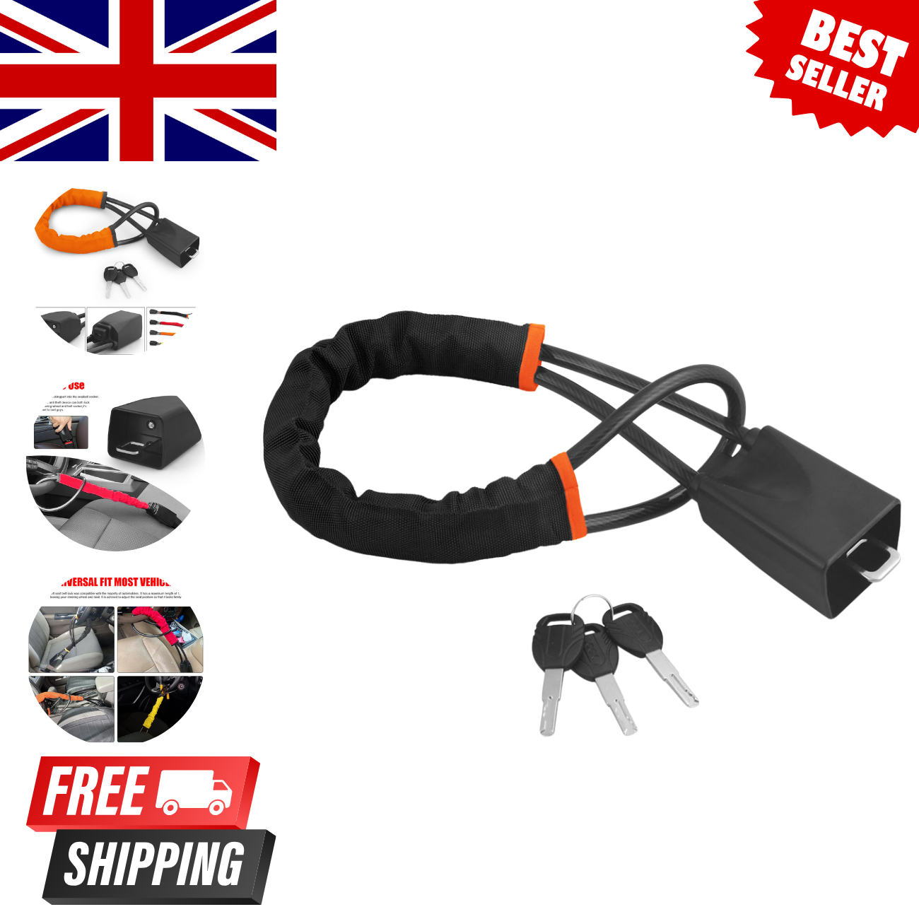 Car Steering Wheel Lock With Seat Belt Socket Steel Rope For Truck SUV Van USA