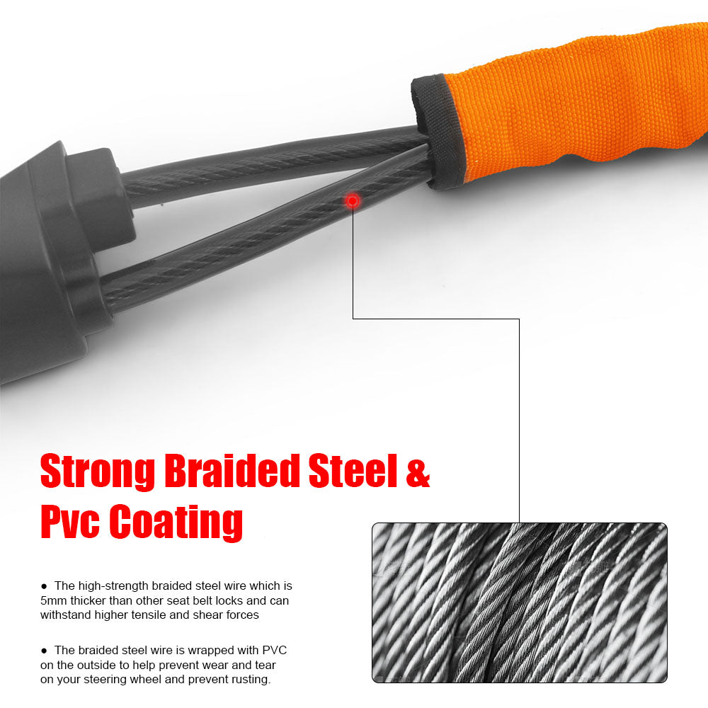Car Steering Wheel Lock With Seat Belt Socket Steel Rope For Truck SUV Van USA