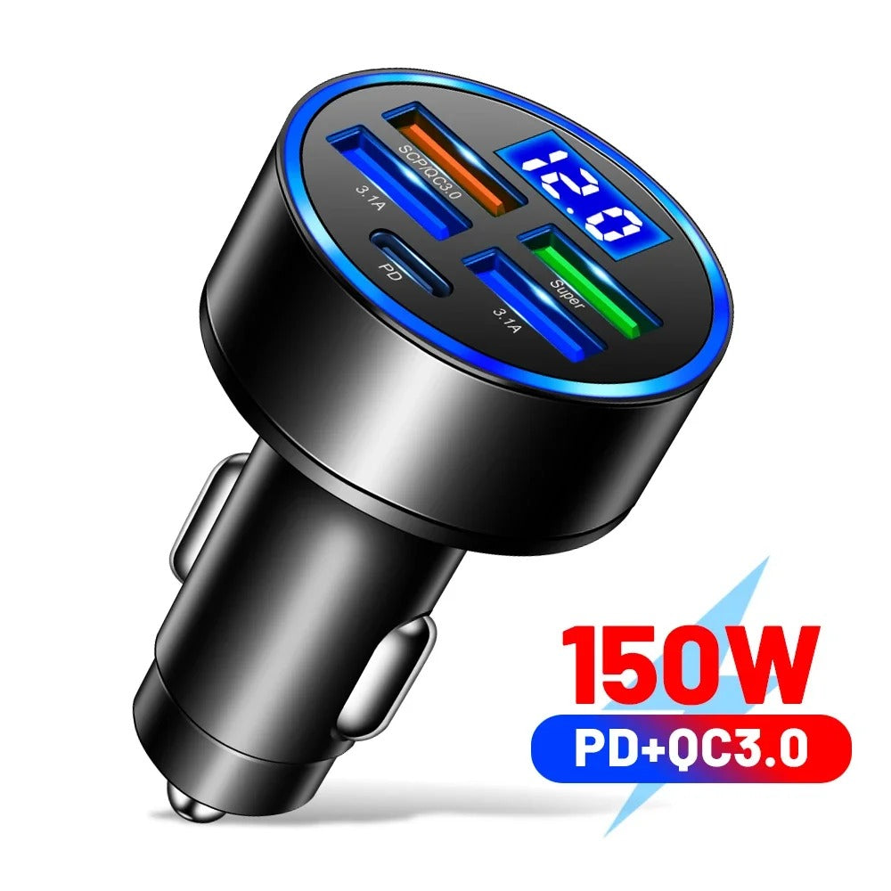 66-250W PD Car Charger QC3.0 Fast Charge One to Six Car Cigarette Lighter Plug