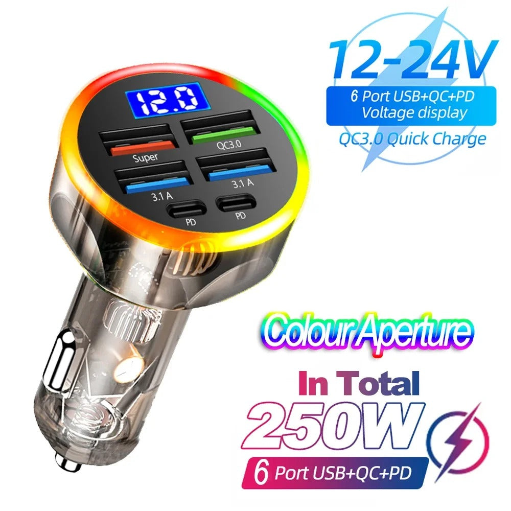 66-250W PD Car Charger QC3.0 Fast Charge One to Six Car Cigarette Lighter Plug