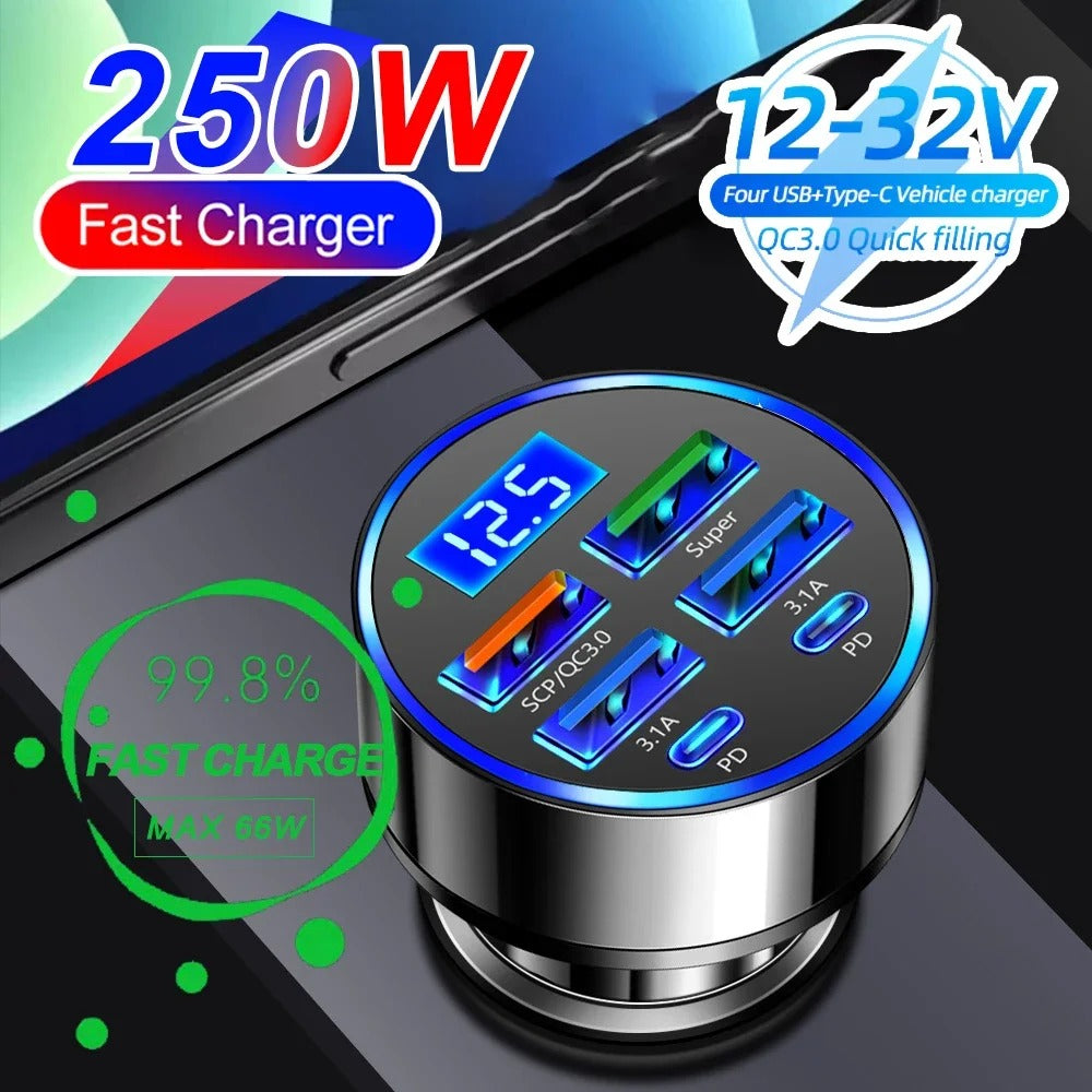 66-250W PD Car Charger QC3.0 Fast Charge One to Six Car Cigarette Lighter Plug