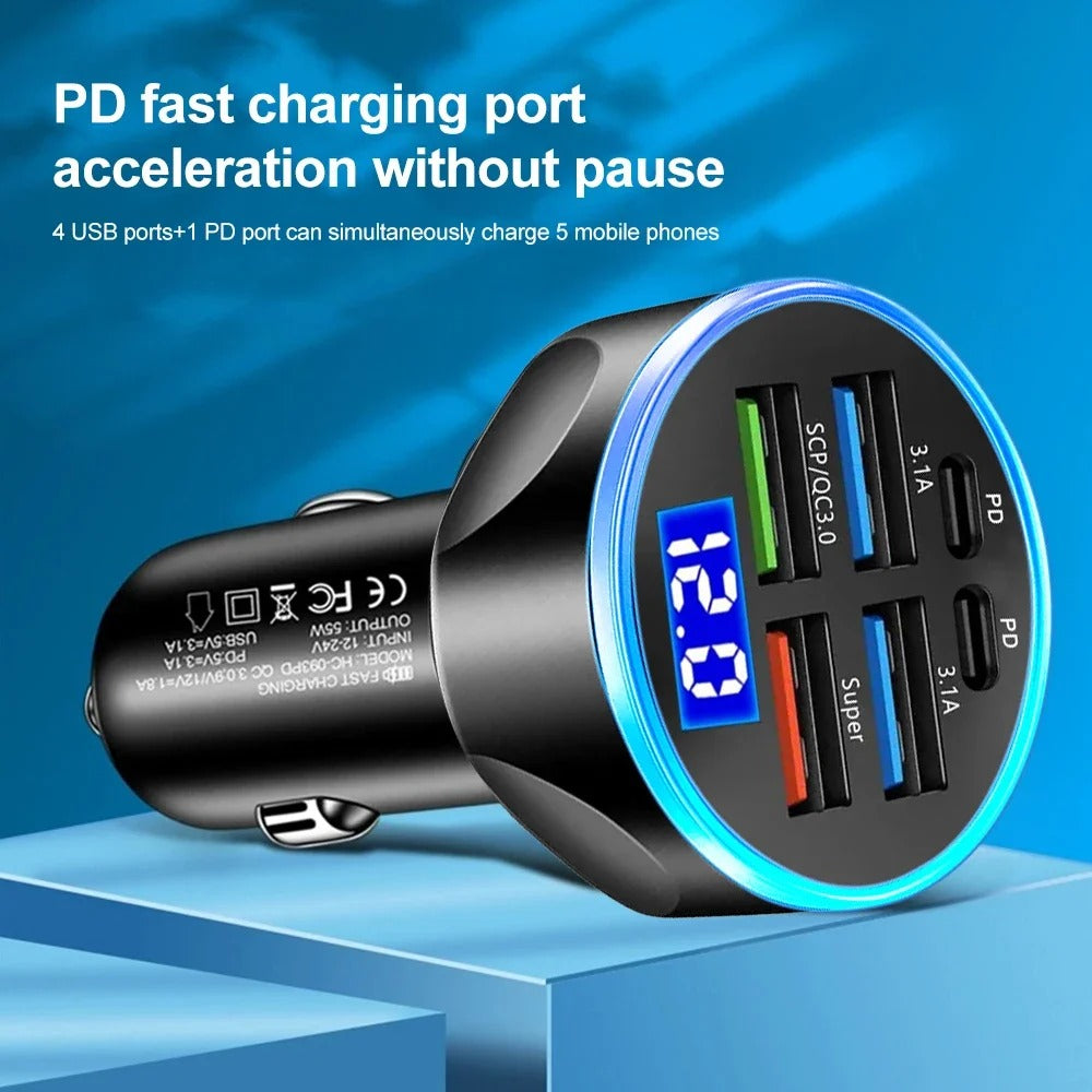 66-250W PD Car Charger QC3.0 Fast Charge One to Six Car Cigarette Lighter Plug