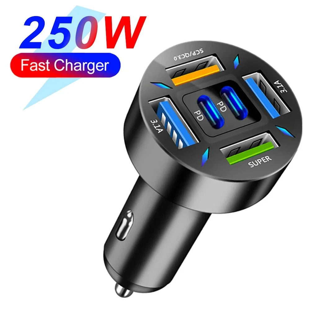 66-250W PD Car Charger QC3.0 Fast Charge One to Six Car Cigarette Lighter Plug