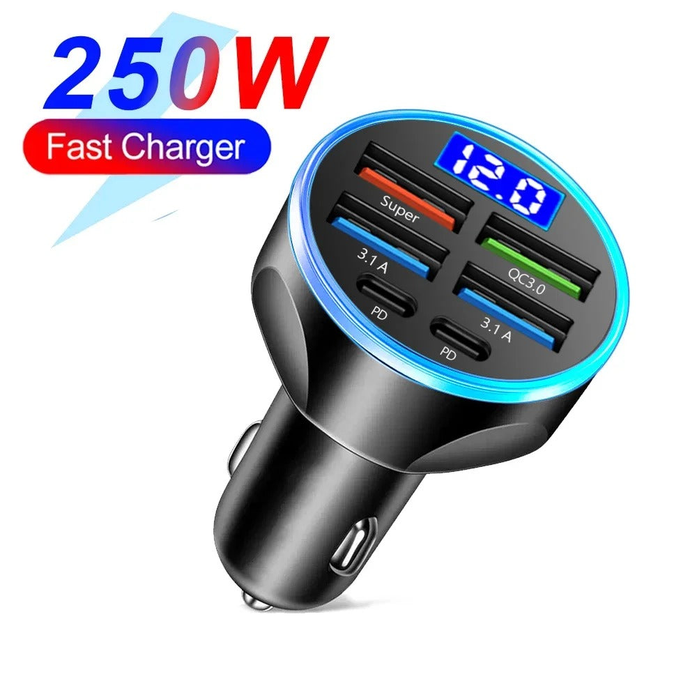 66-250W PD Car Charger QC3.0 Fast Charge One to Six Car Cigarette Lighter Plug
